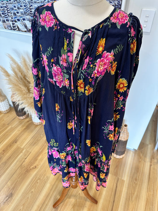 Luna Sky - Dress - Size 8 - Navy Blue with Pink, Yellow, and Green floral print