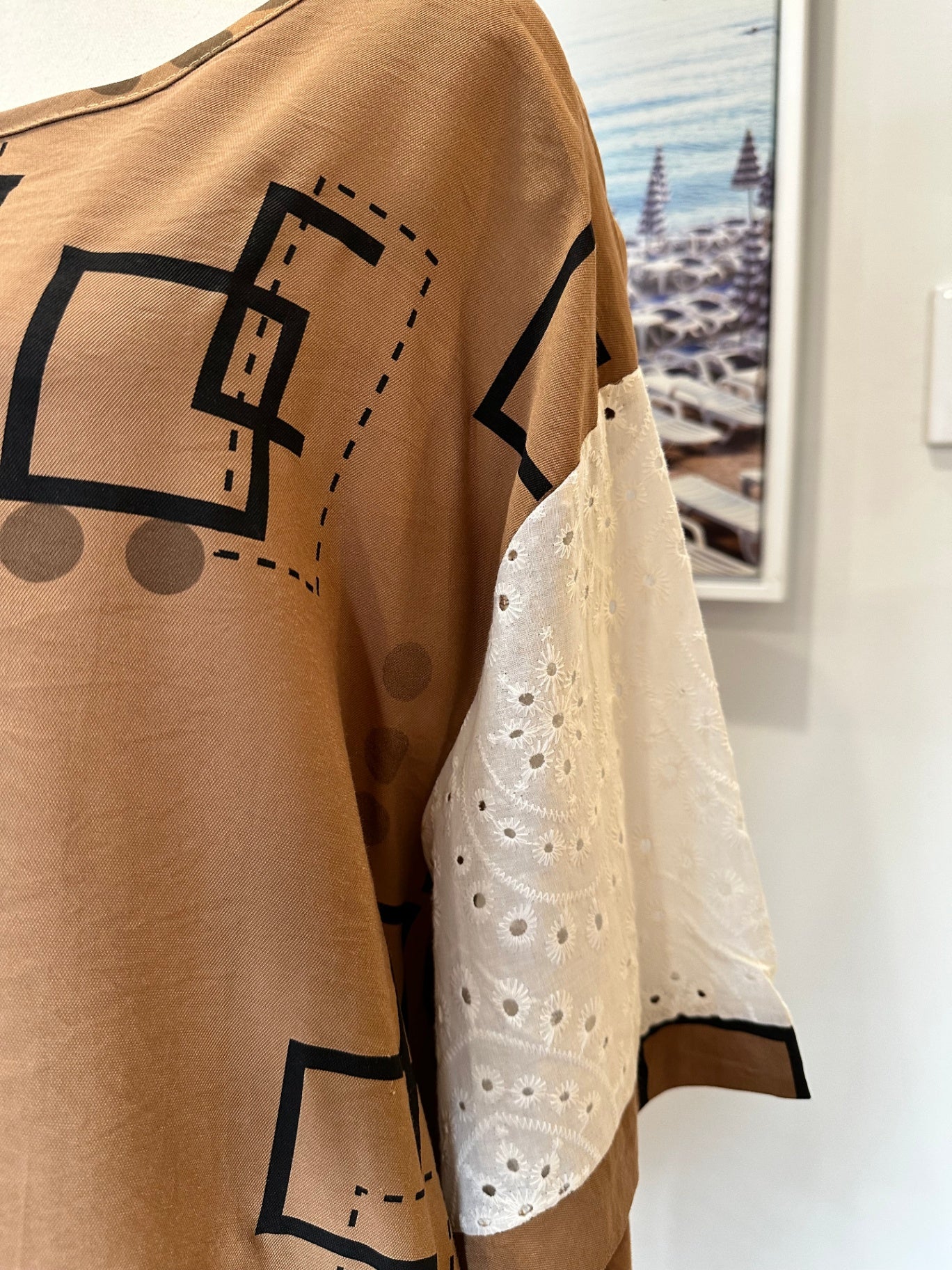 Blouse - Size Large - Brown w Geometric Print