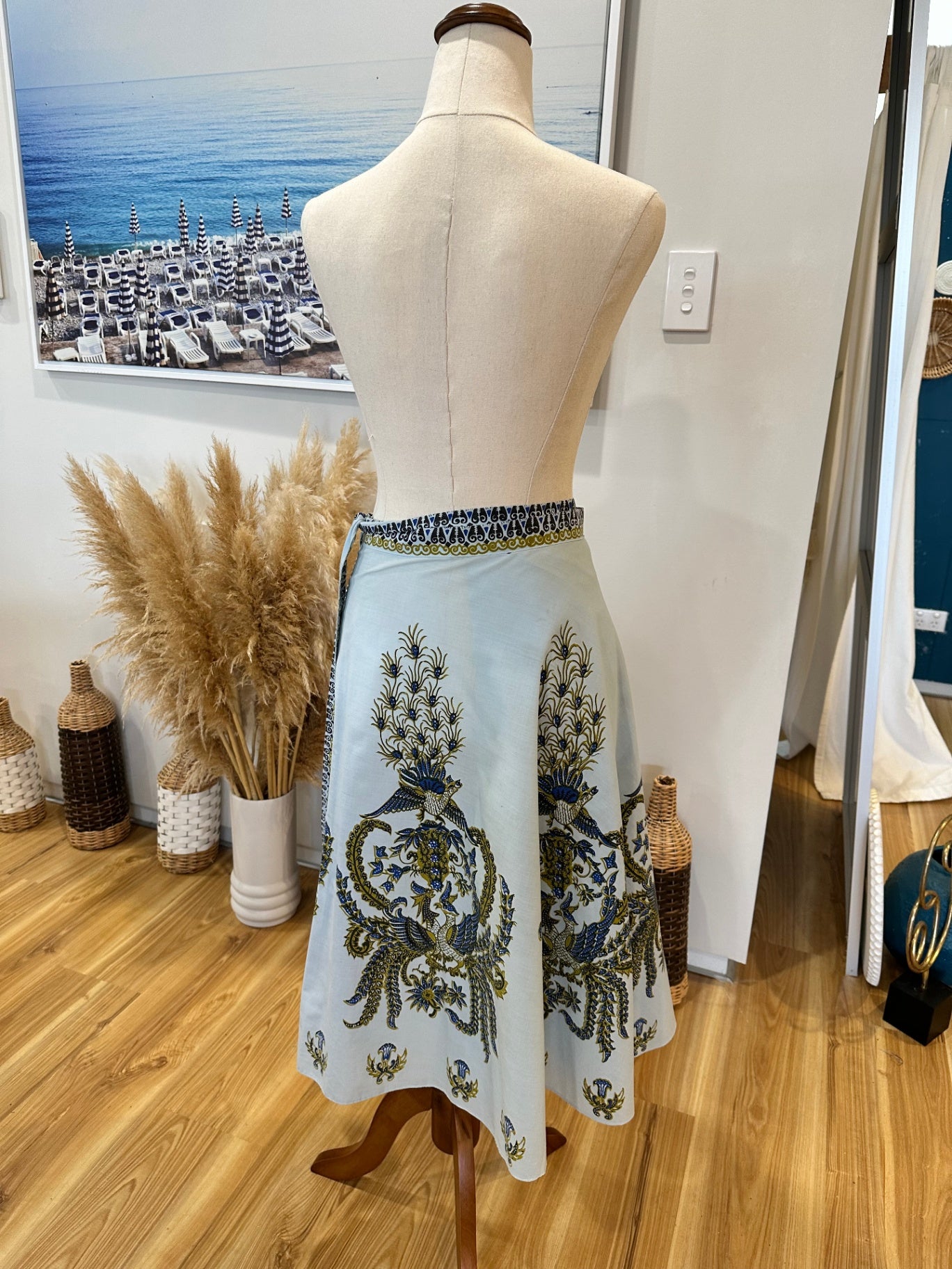 Vintage - Wrap Around Skirt - One Size - Pale Blue with Peacock Print