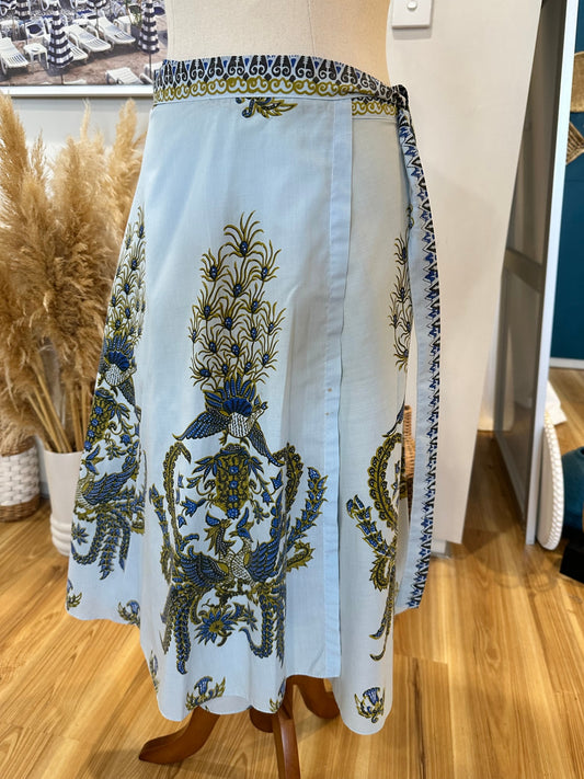 Vintage - Wrap Around Skirt - One Size - Pale Blue with Peacock Print