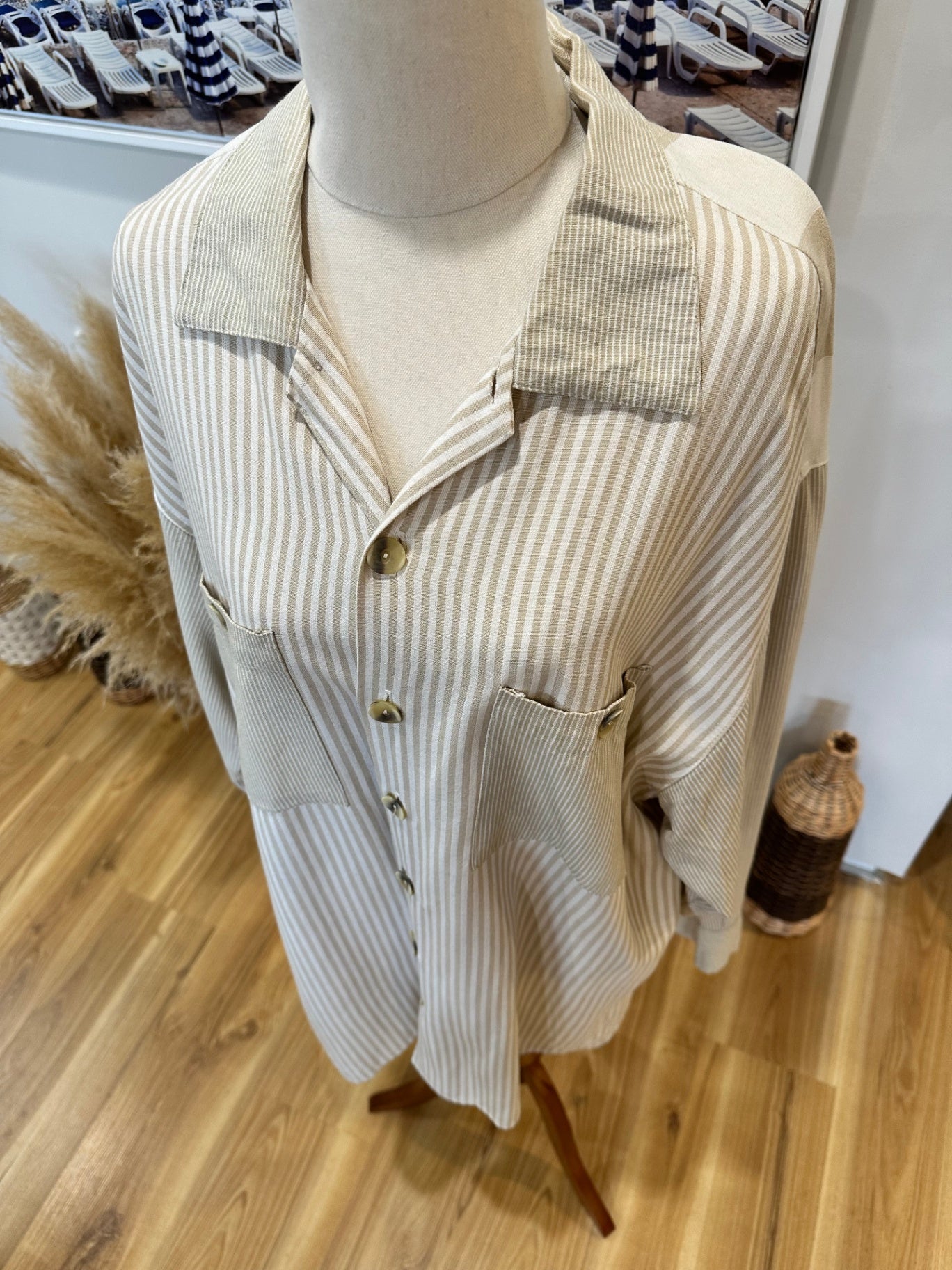 Cecil Gee - Shirt - Extra Large - Beige and white striped