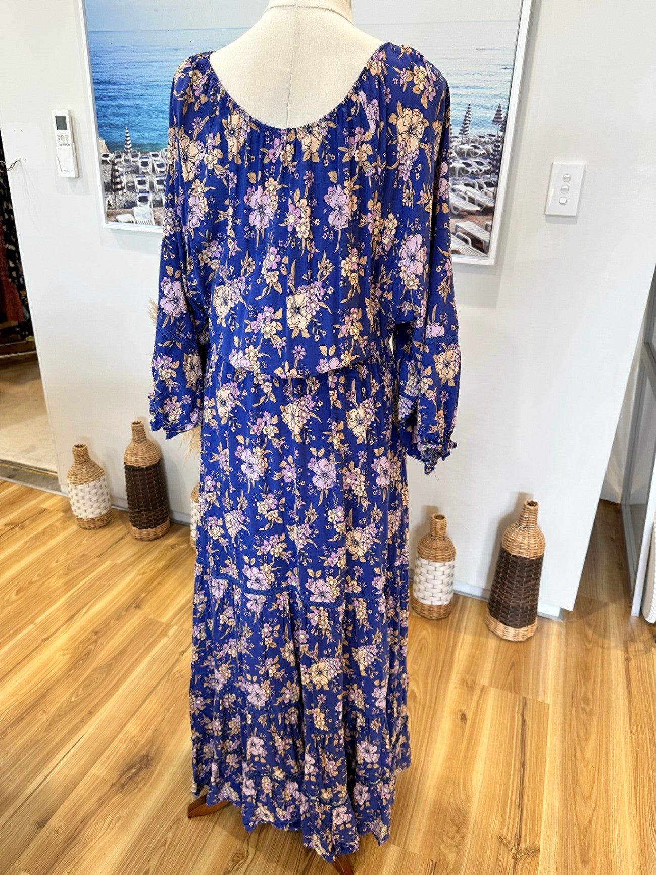 Jaase - Bohemian Maxi Dress - Size Small - Blue with floral pattern