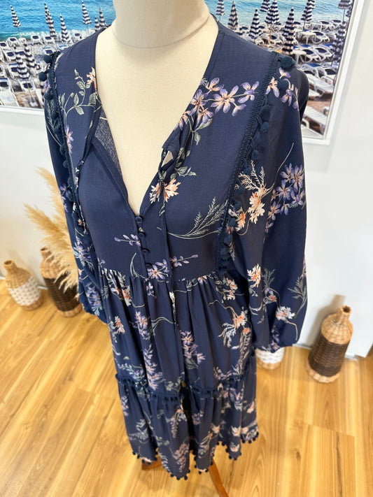 Jaase - Midi Dress - Size Small - Navy blue with floral pattern