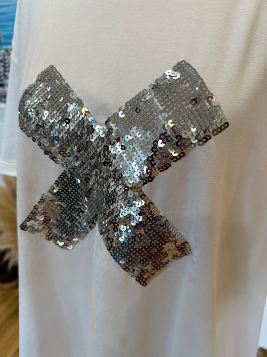 Freez - Sequin Top - Size 20 - White w Silver Sequin Cross