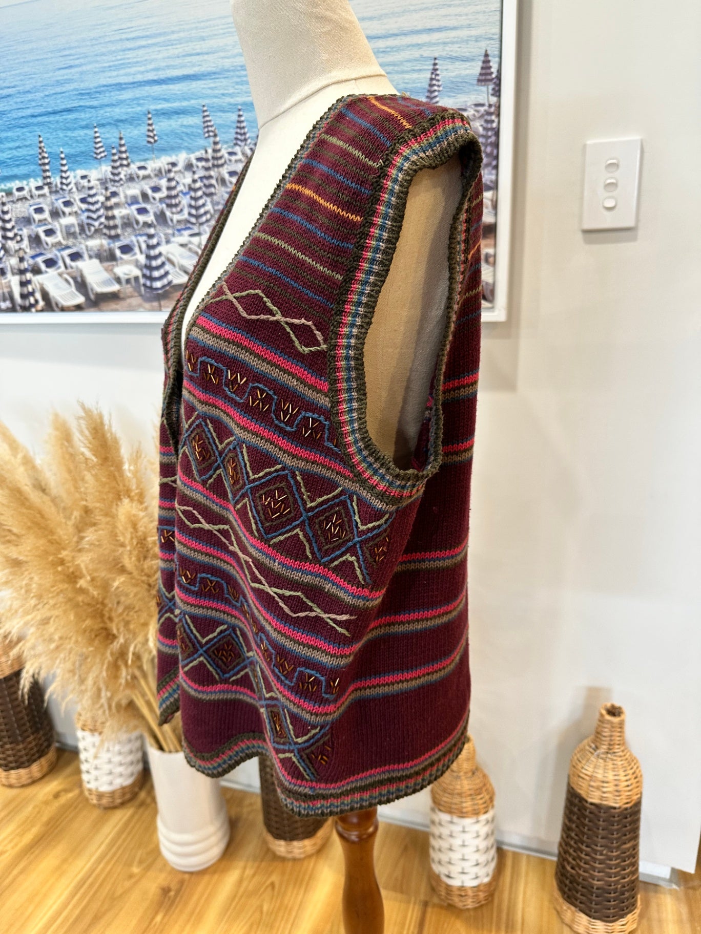 Vintage 90's - Don Kenny Vest - Large - Burgundy with patterns