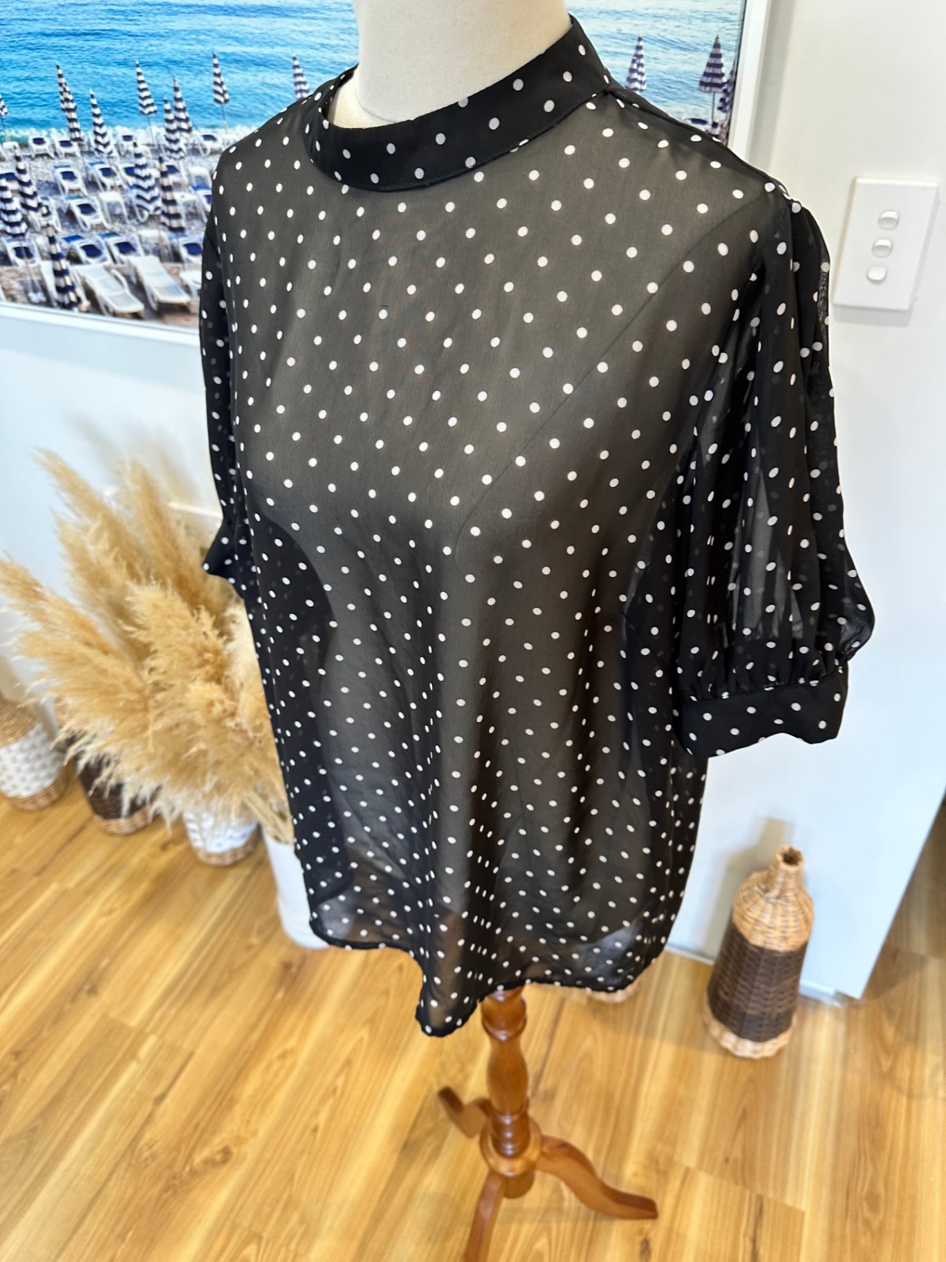 Black blouse w White Dots - Size Small / Medium