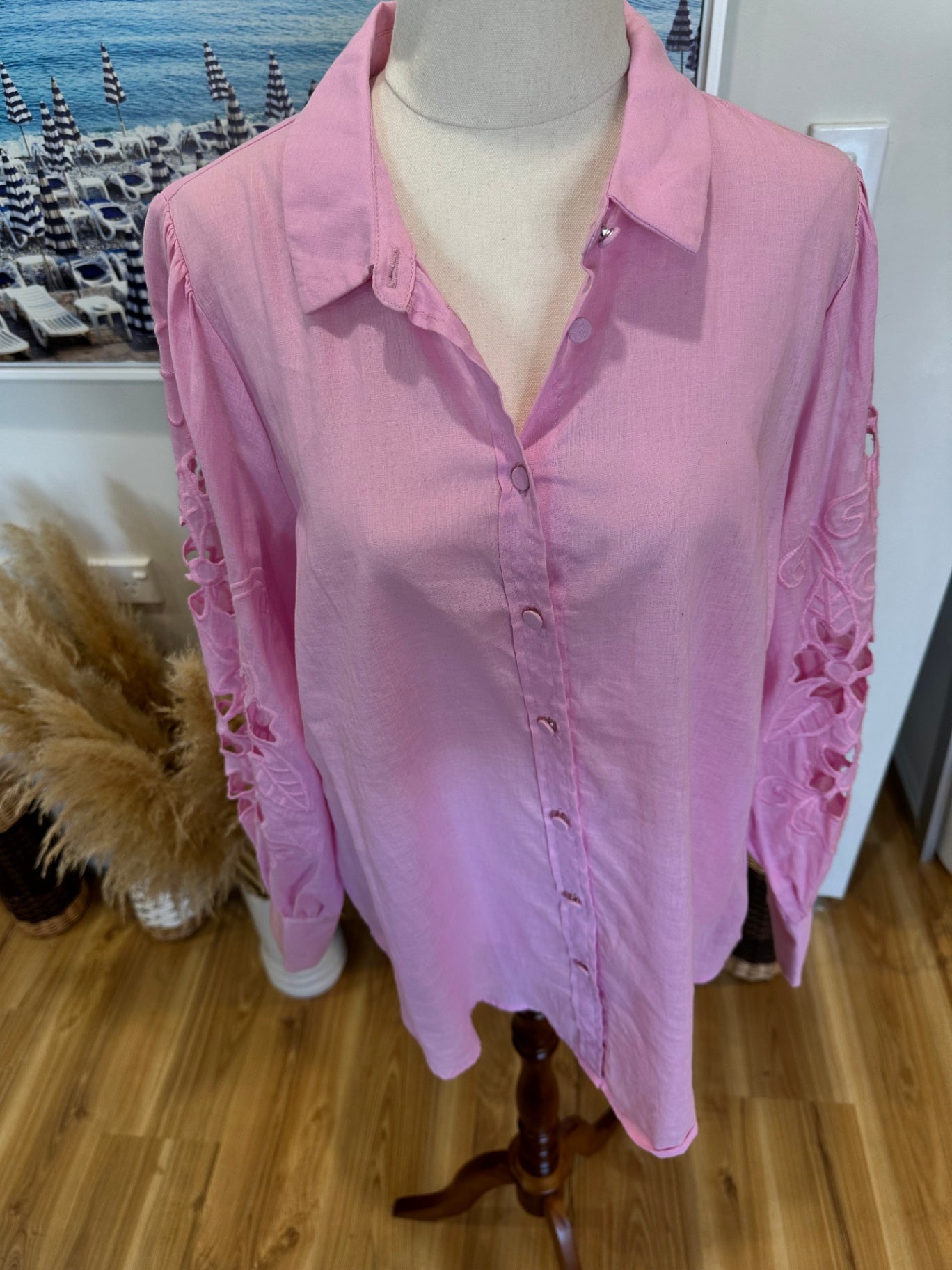 Decjuba - Pink Embroidery Blouse - Size 12 - 55% Cotton / 45% Linen