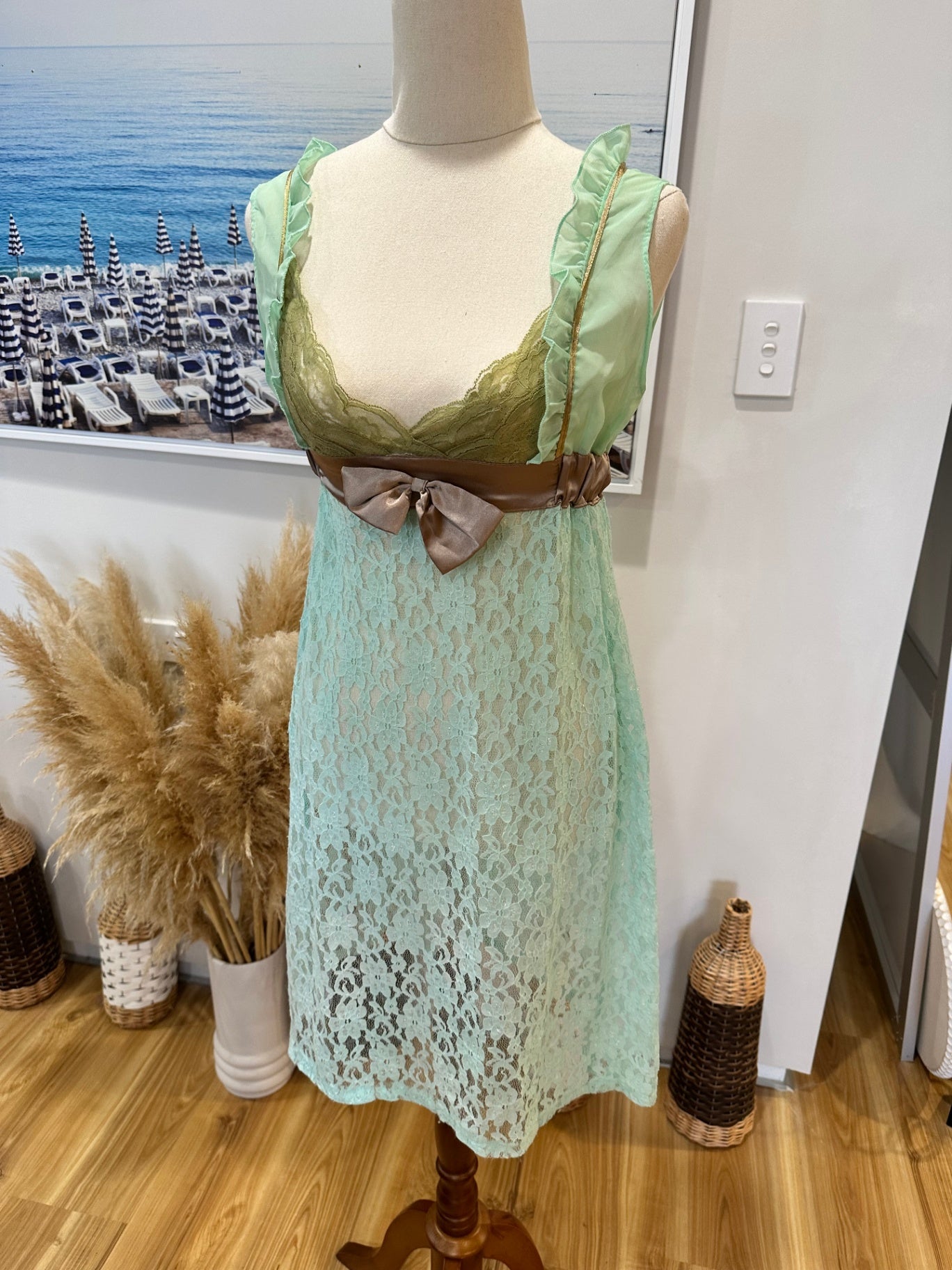 Vintage 90's - Babydoll Dress - Aqua / Gold - Lace