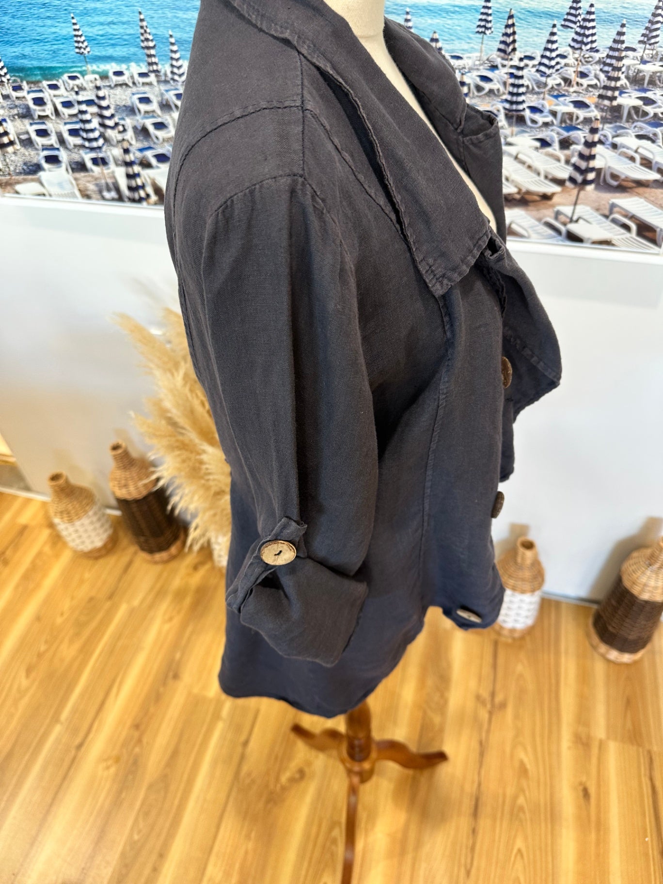 Miss Sugar - 100% Linen Jacket - Large - Blue / Grey