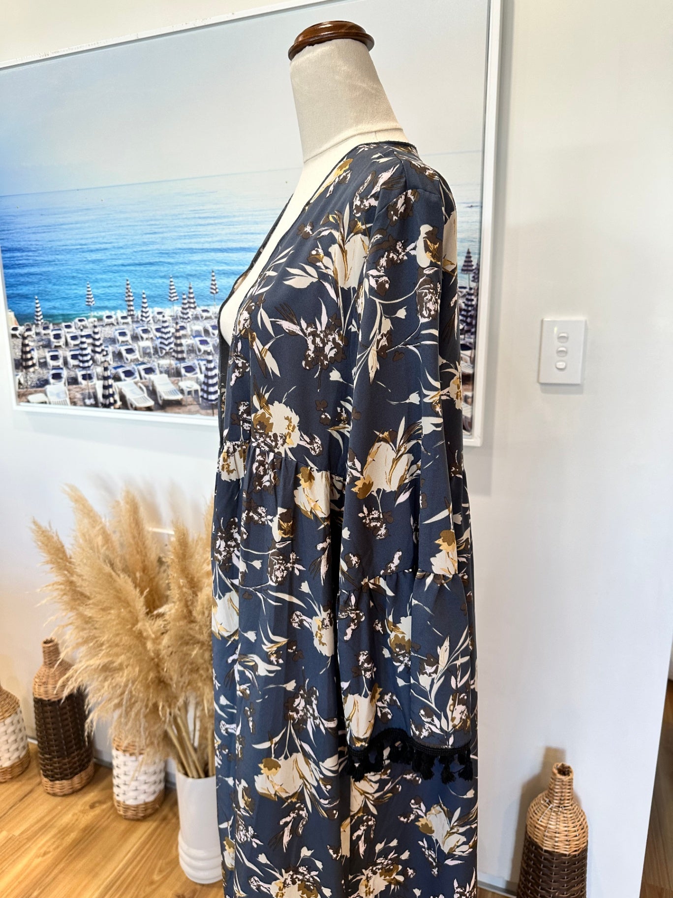 Kaftan - One Size - Navy blue with floral pattern