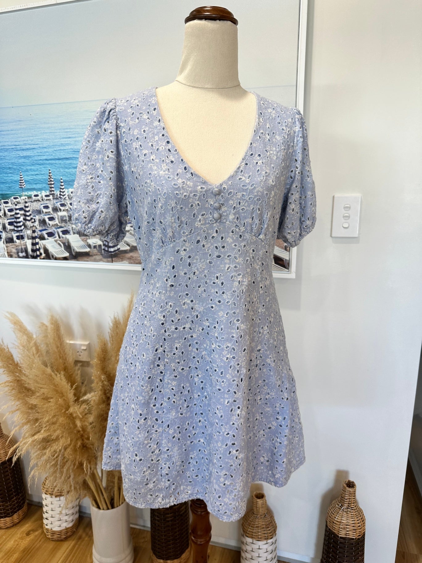 Forever New - Broderie Summer Dress - Size 8 - Light blue