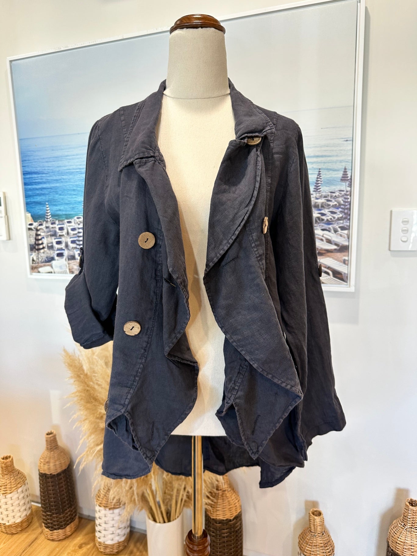 Miss Sugar - 100% Linen Jacket - Large - Blue / Grey