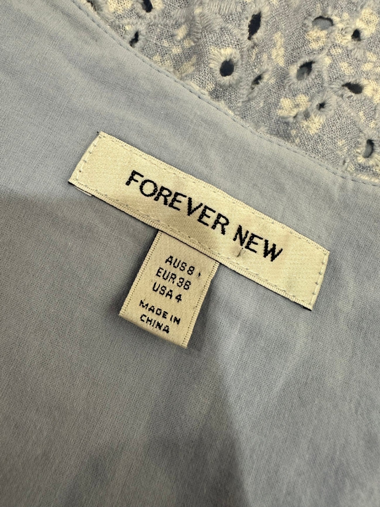 Forever New - Broderie Summer Dress - Size 8 - Light blue