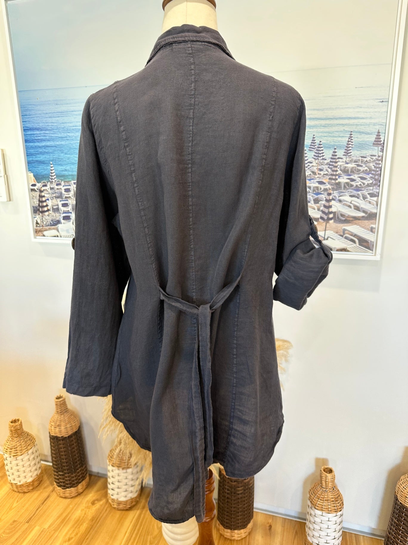 Miss Sugar - 100% Linen Jacket - Large - Blue / Grey