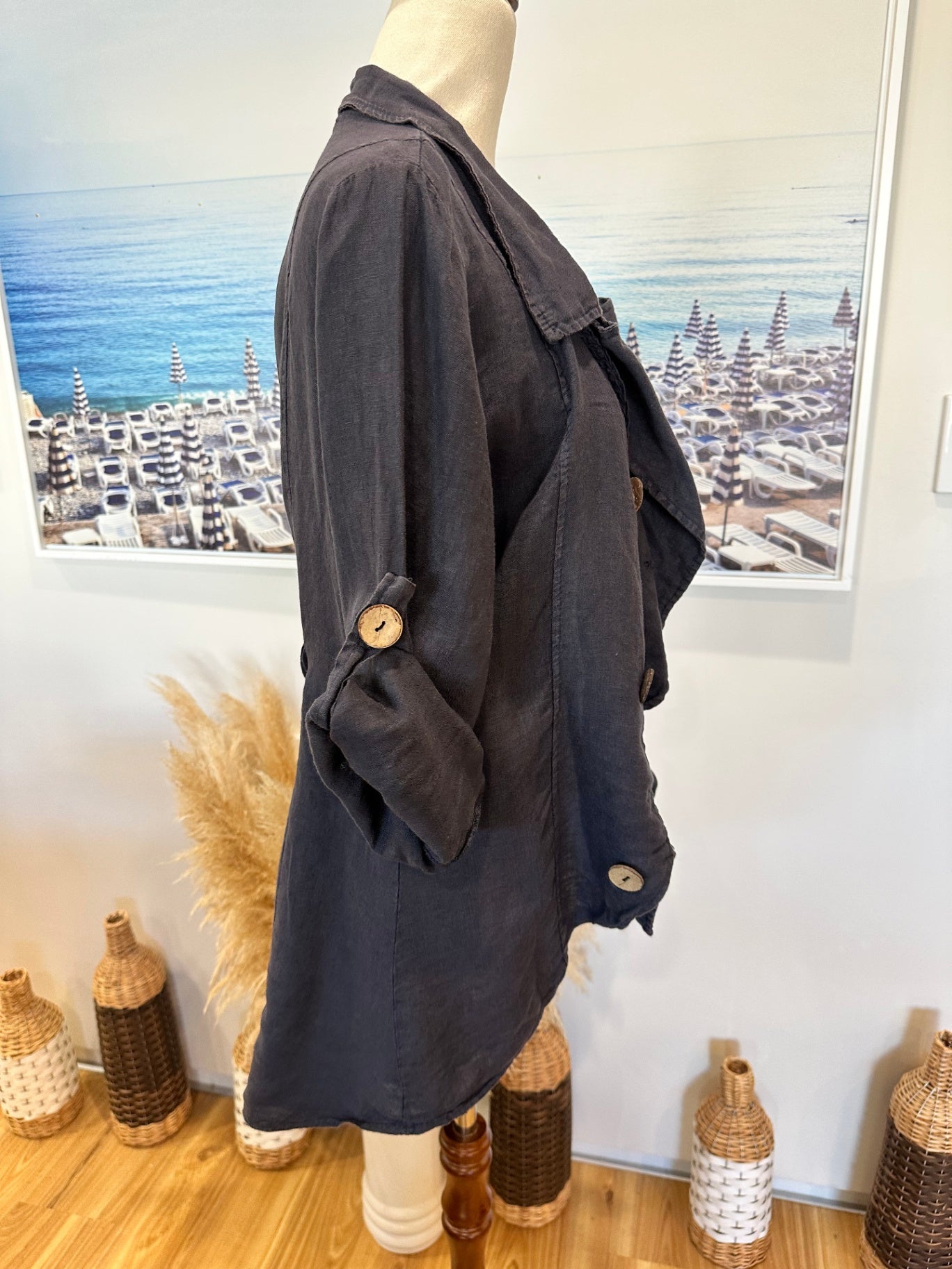 Miss Sugar - 100% Linen Jacket - Large - Blue / Grey