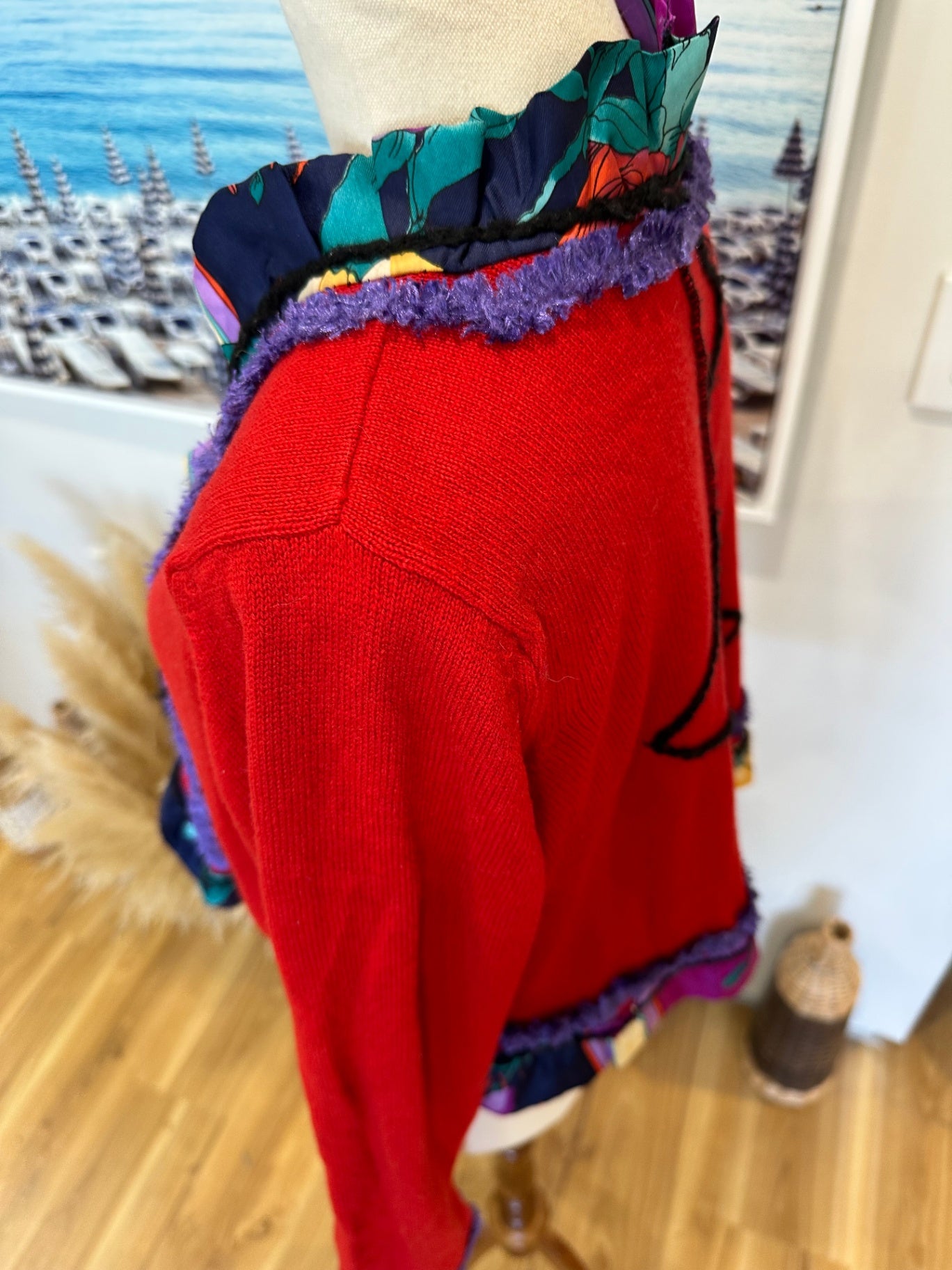 Vintage / Handmade - Cropped Cardigan - Small / Medium - Red + Purple