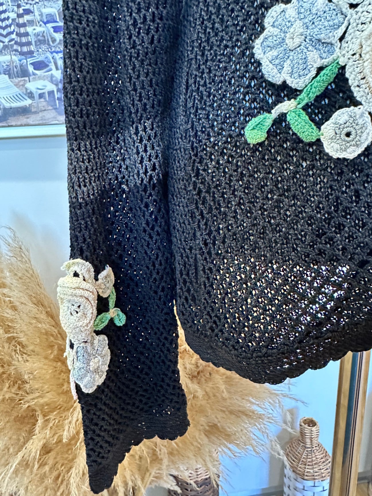 Vintage - Jumper - Small Black w Crochet Pastel Flowers