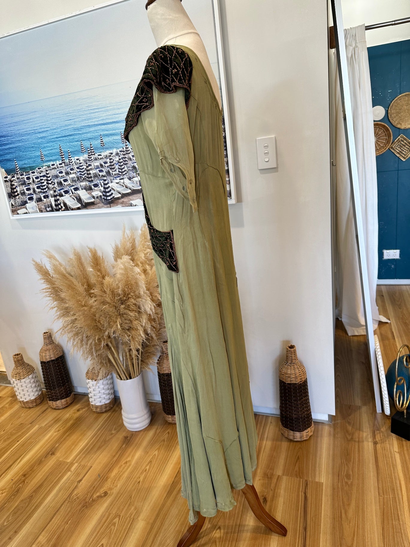 Vintage 90's Bohemian Dress - Medium - Light green