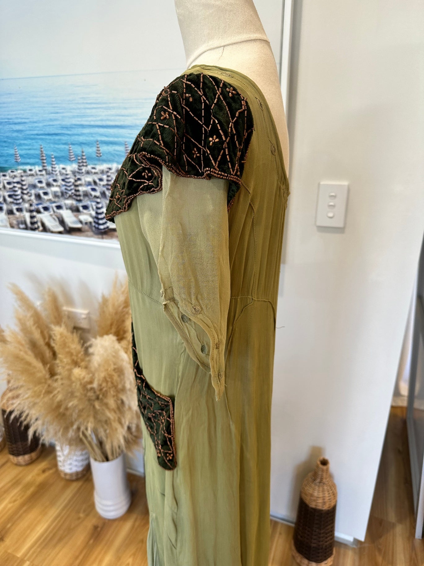 Vintage 90's Bohemian Dress - Medium - Light green