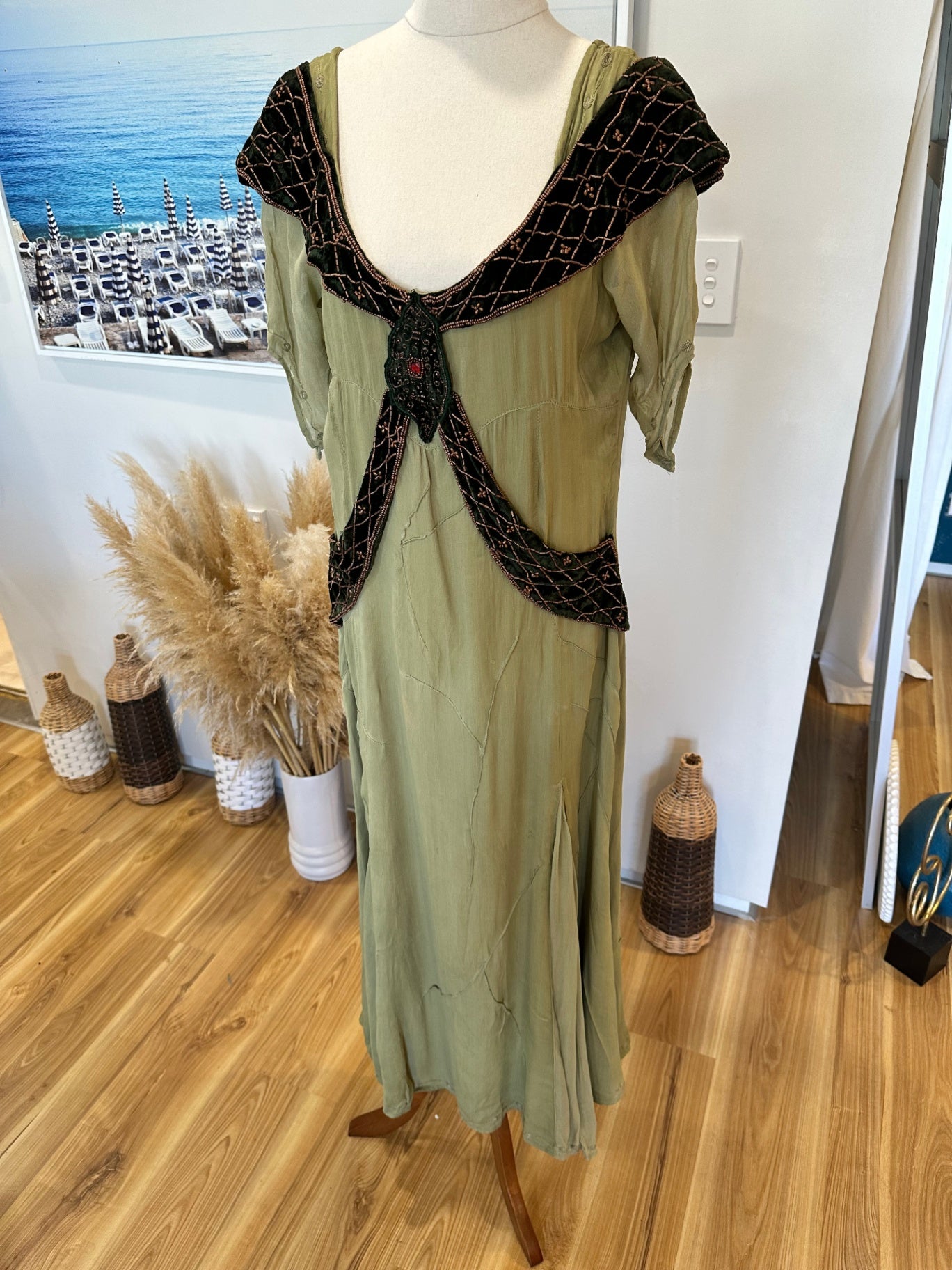 Vintage 90's Bohemian Dress - Medium - Light green