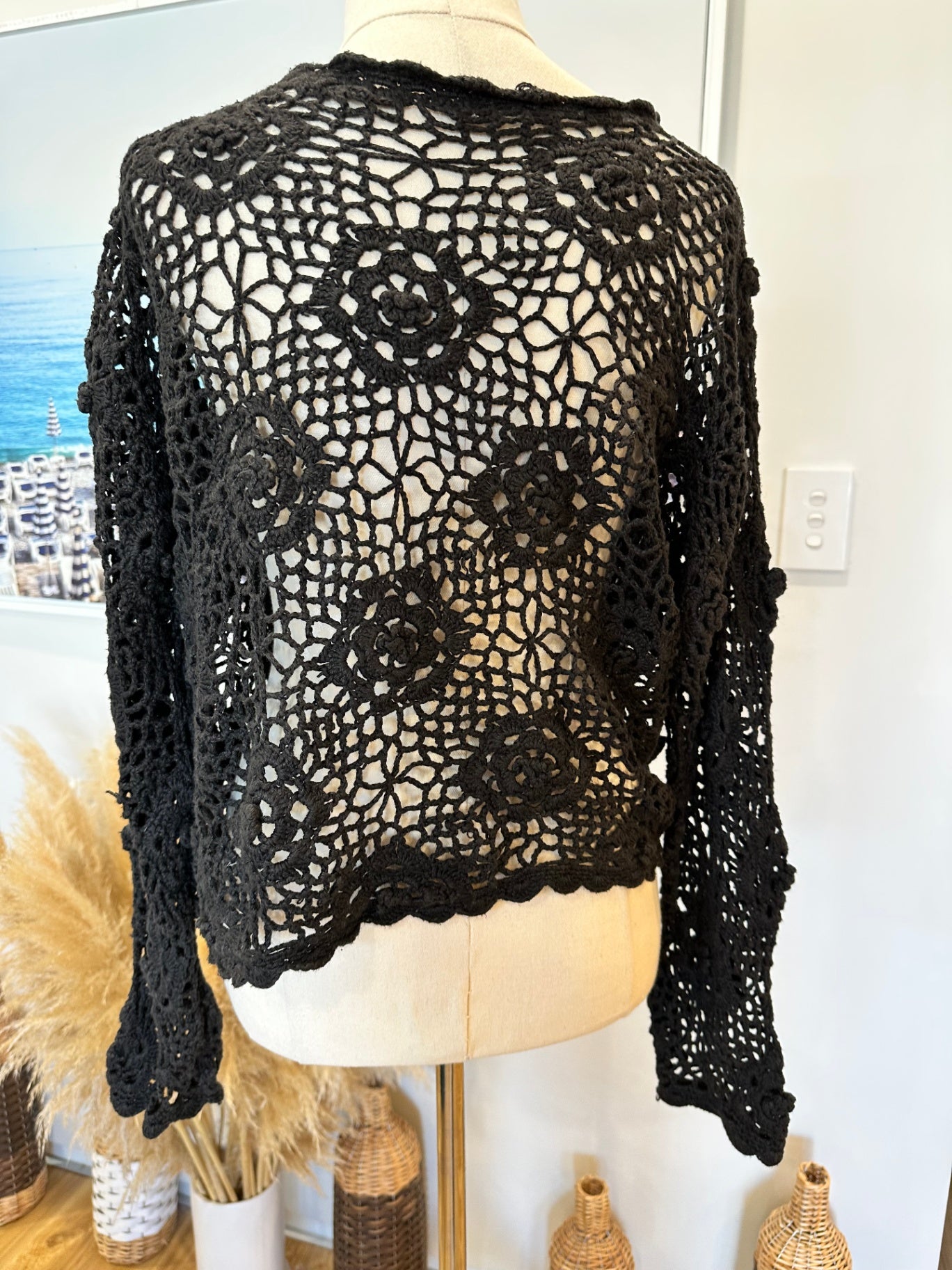 Vintage Crochet Cardigan - Small - Black