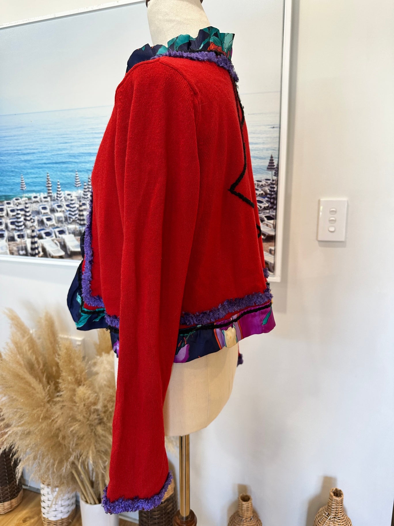 Vintage / Handmade - Cropped Cardigan - Small / Medium - Red + Purple