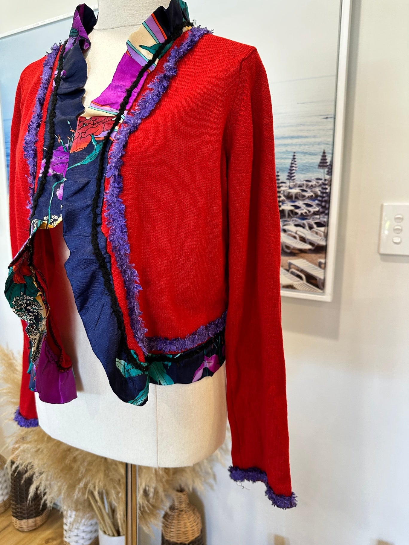 Vintage / Handmade - Cropped Cardigan - Small / Medium - Red + Purple