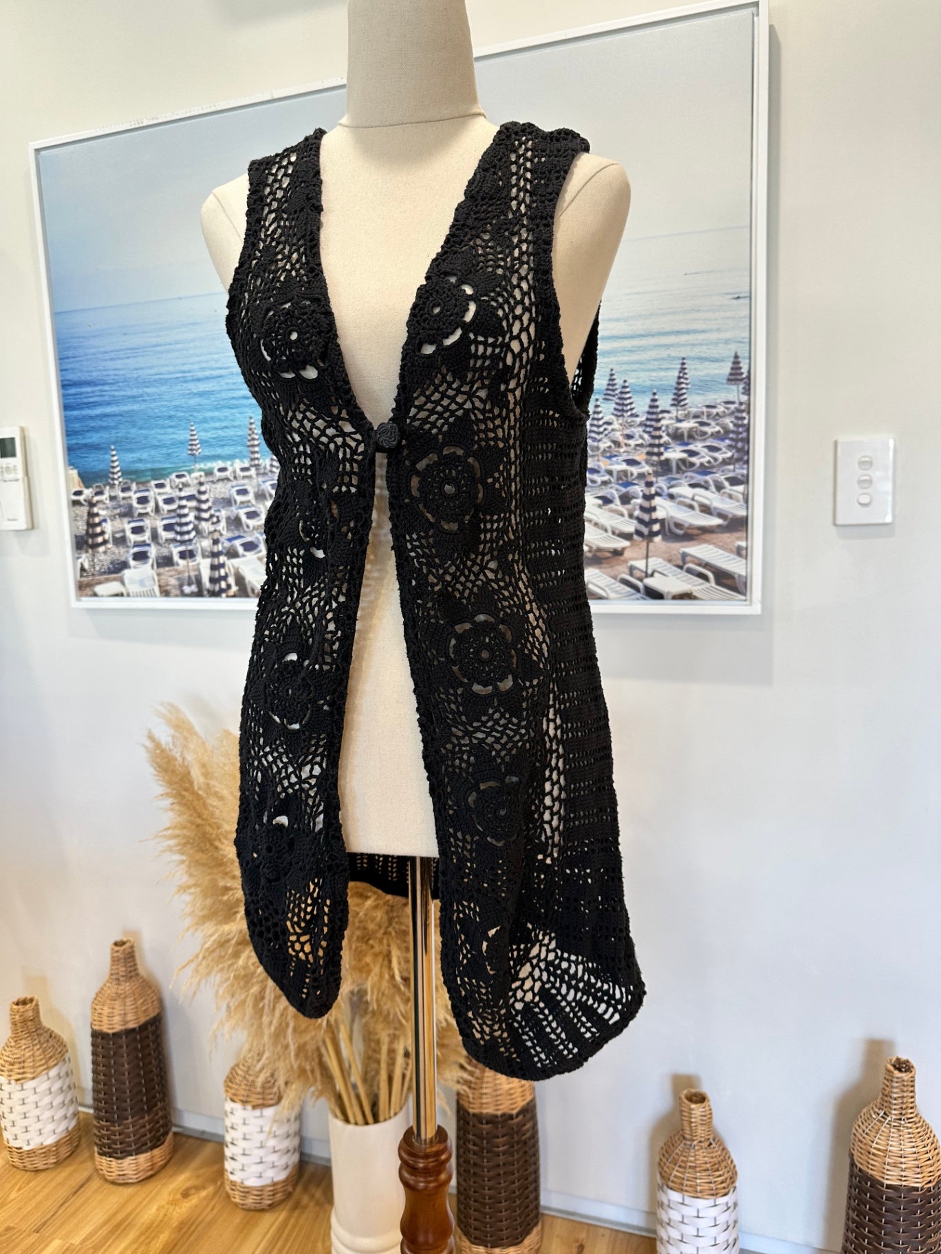 Vintage Bohemian Crochet Vest - Small - Black