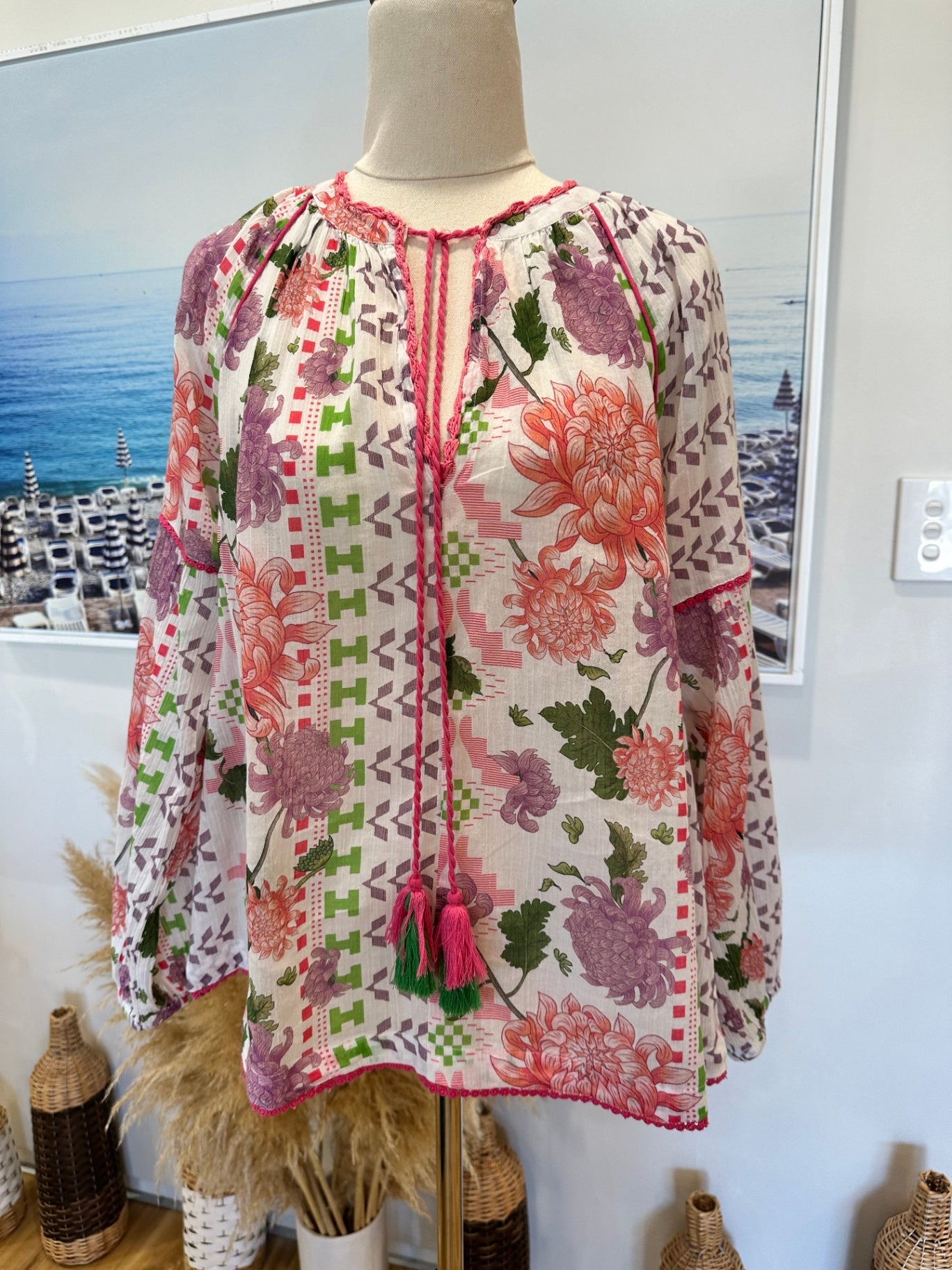 Place du Soleil - Bohemian Blouse - Medium White / Pink / Green - RRP: $225