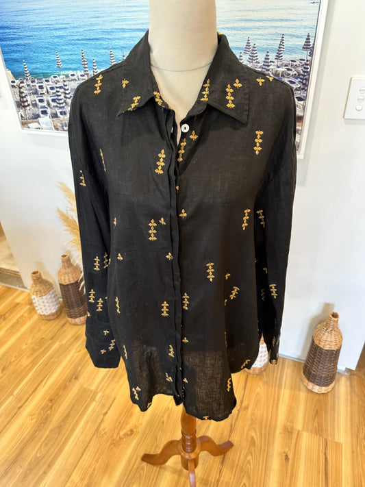 Marle - 100% Linen Shirt - Size 10 - Black w Embroidery