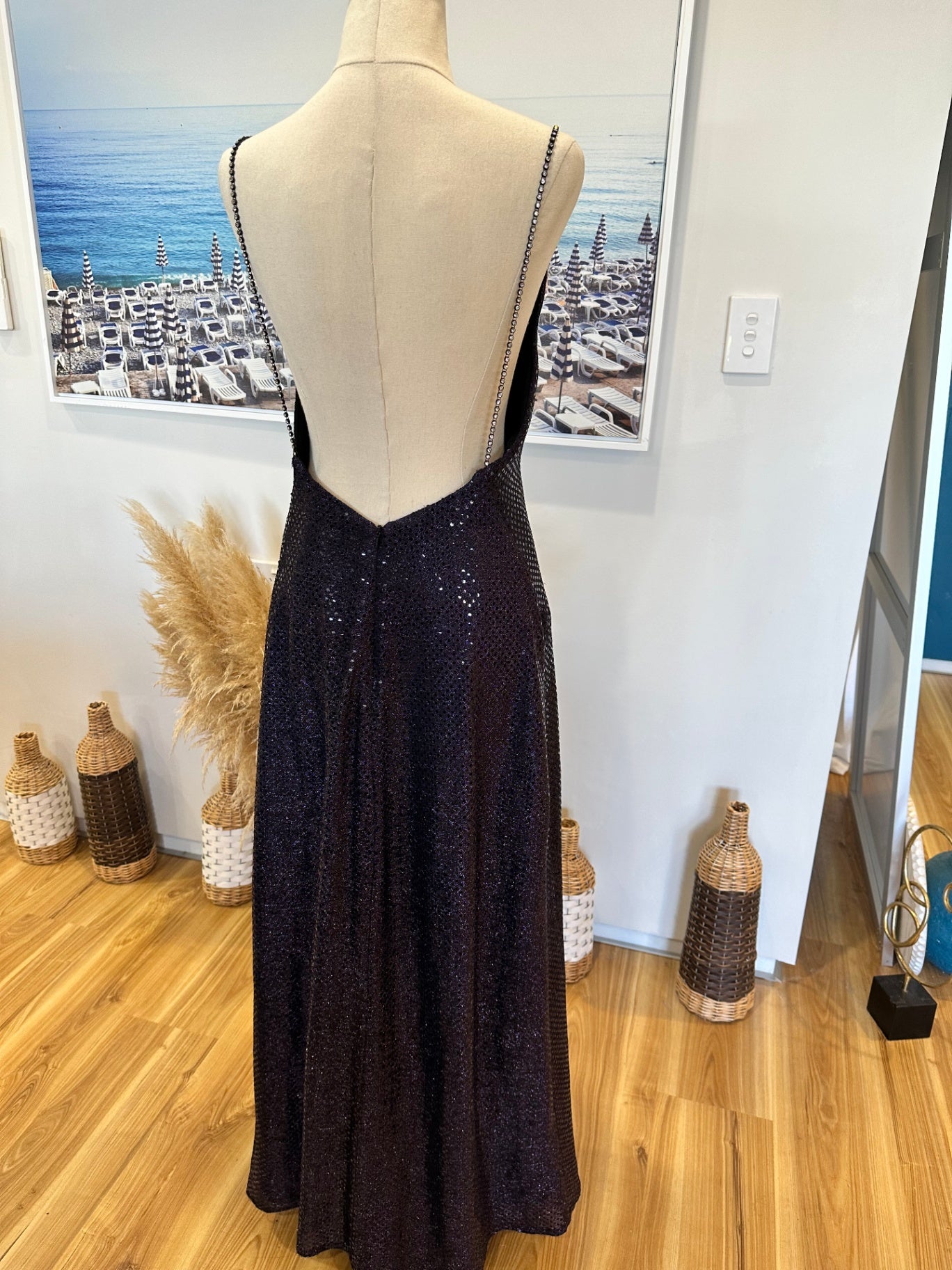 Sequin Gown w Diamante Straps - Medium - Black with shimmering effect
