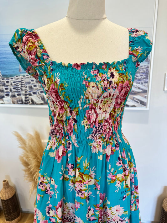 Sun Dress - Medium / Large - Blue w Flowers