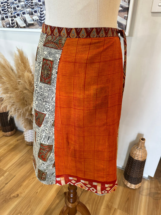 Sari Skirt - One Size - Orange and Multi-Colour