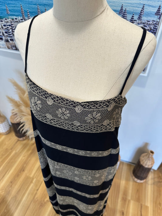 Ashley Fogel - Maxi Dress - Size 14 - Black and beige with floral lace accents