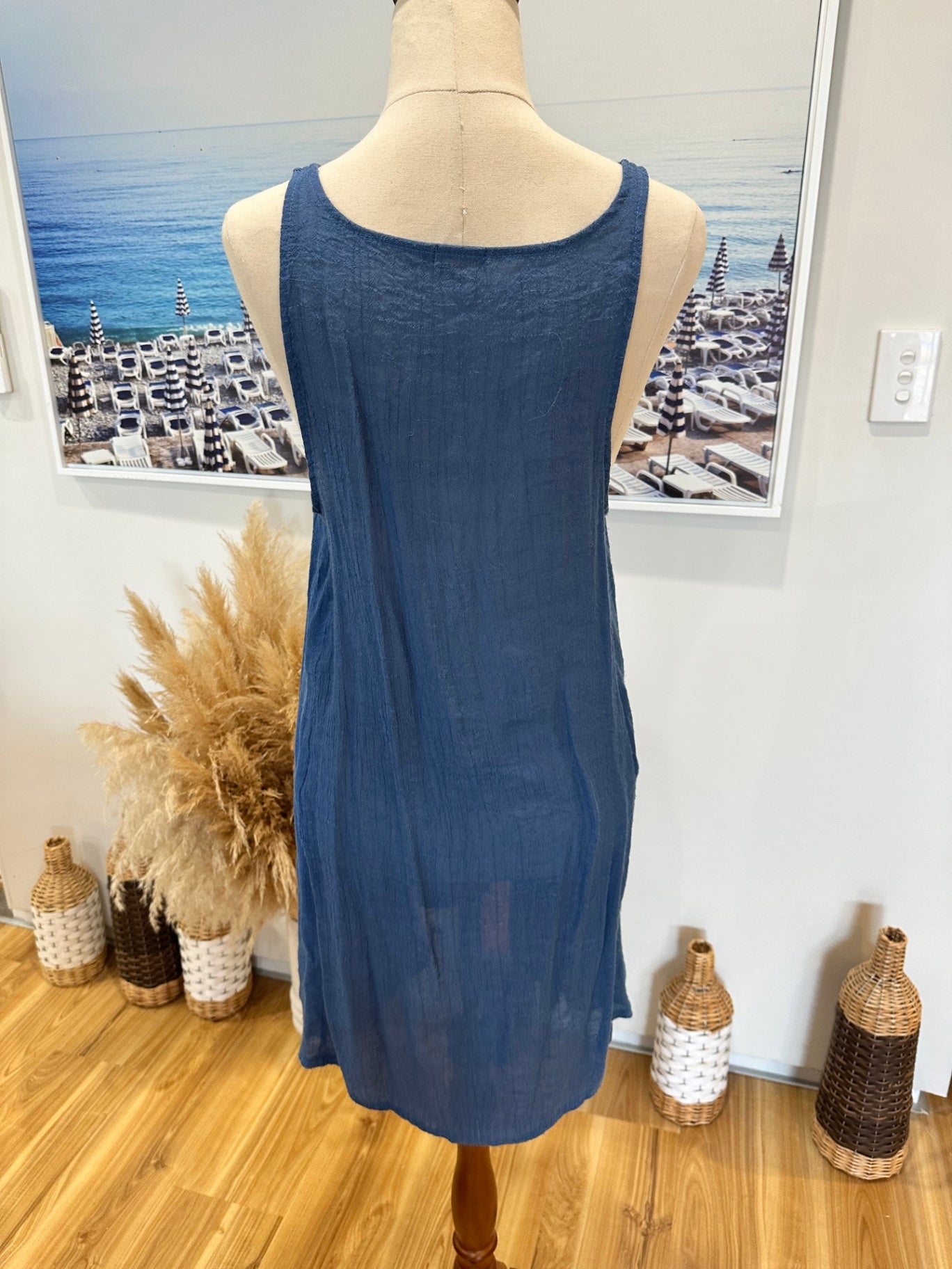 Singlet Dress - Size Small - Blue w Peacocks