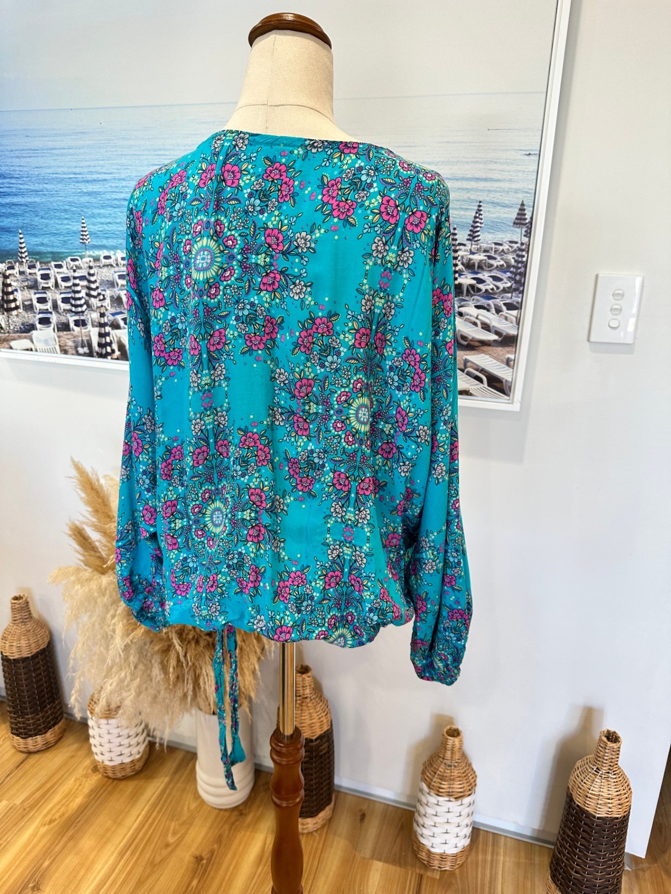 Bohemian Batwing Blouse - Large - Turquoise w Pink Florals