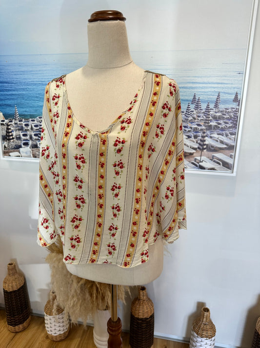 Batwing Blouse - Medium - Cream with red floral pattern