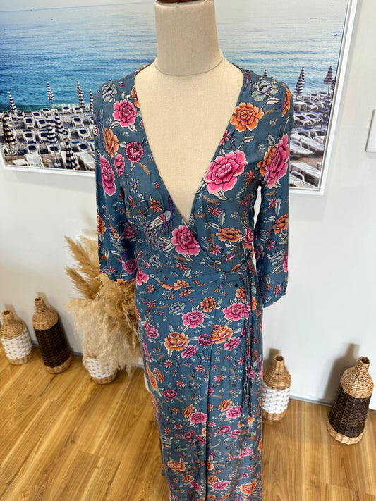 Arnhem - Bohemian Wrap Dress - Size 6 - Blue with Florals