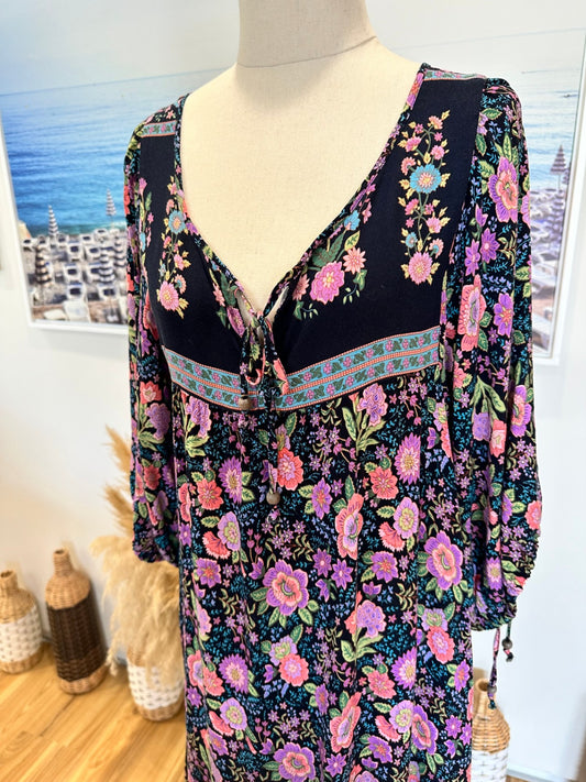 Zen Garden - Bohemian Dress - Medium - Navy w Purple / Pink Florals