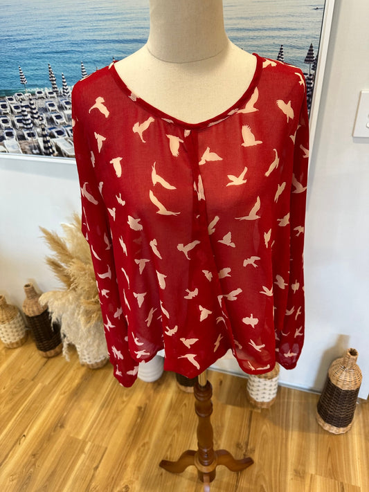 Decjuba Blouse - Size 12 - Red w Seagulls / Birds