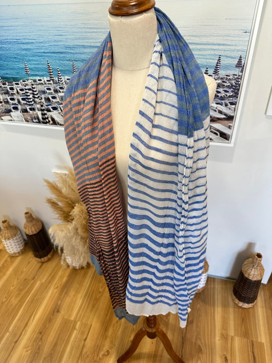 Striped scarf - Blue, Gray, Peach