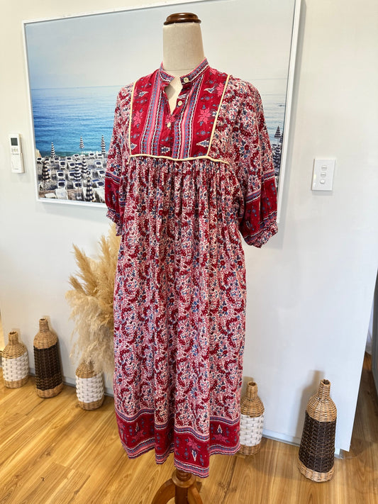 Bohemian Dress - 100% Cotton - Size 12 - Red and multicolour