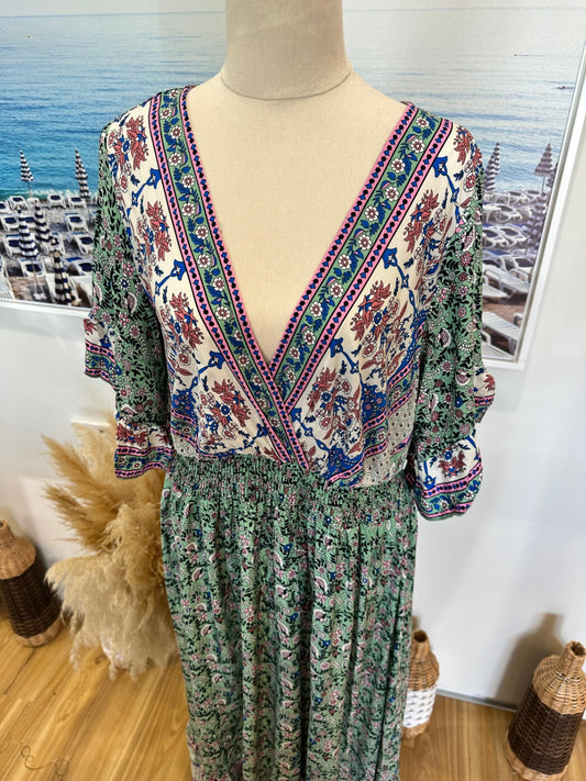 Rustty Dustty - Maxi Dress - Extra Large - Bohemian - Blue / Aqua / Pink