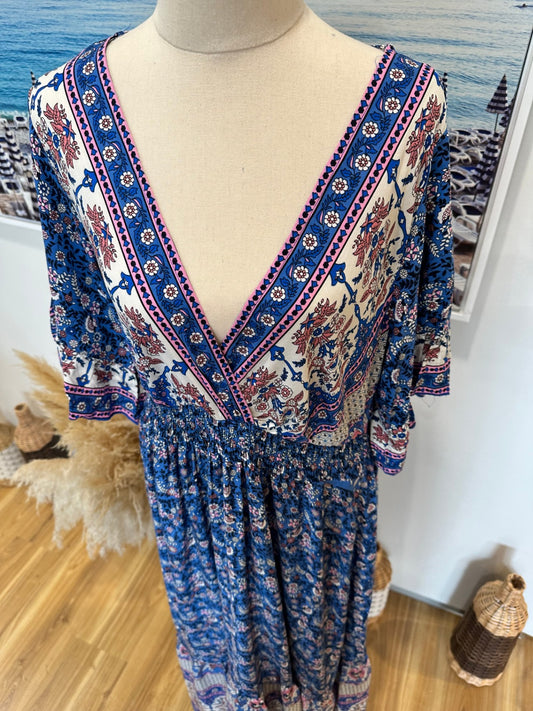 Rustty Dustty - Bohemian Maxi Dress - Extra Large - Blue + White