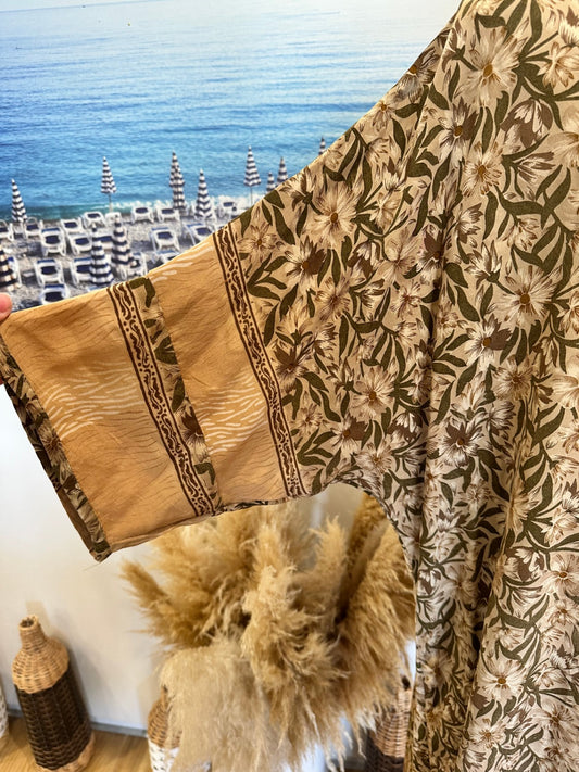 Sarah Jane - 100% Silk Dress - Medium - Beige with brown floral pattern