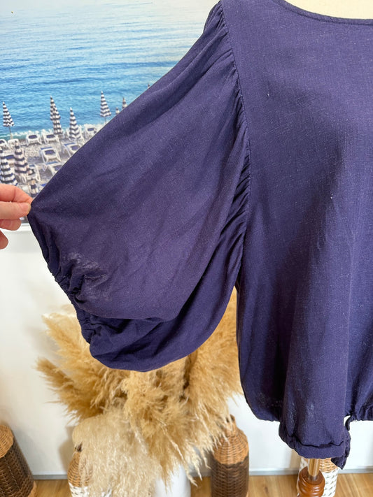 Waiapu Road - Linen Blend Blouse - Size Large - Blue