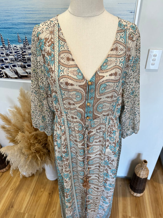 Bohemian Maxi Dress - Large / Extra Large - Beige with blue, brown, and black floral and paisley print