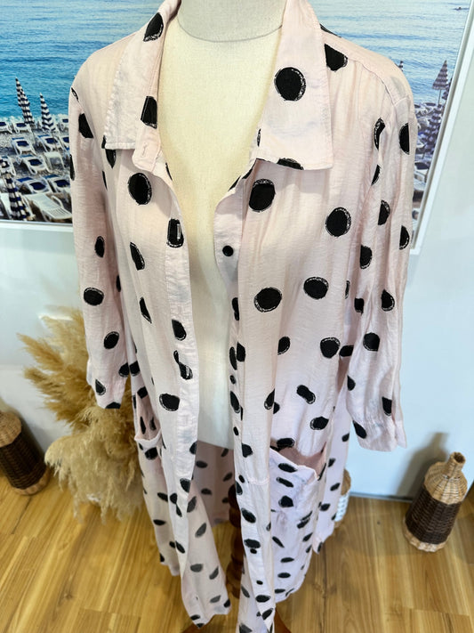 Longline Shirt / Duster Jacket - Medium / Large - Pink w Black dots