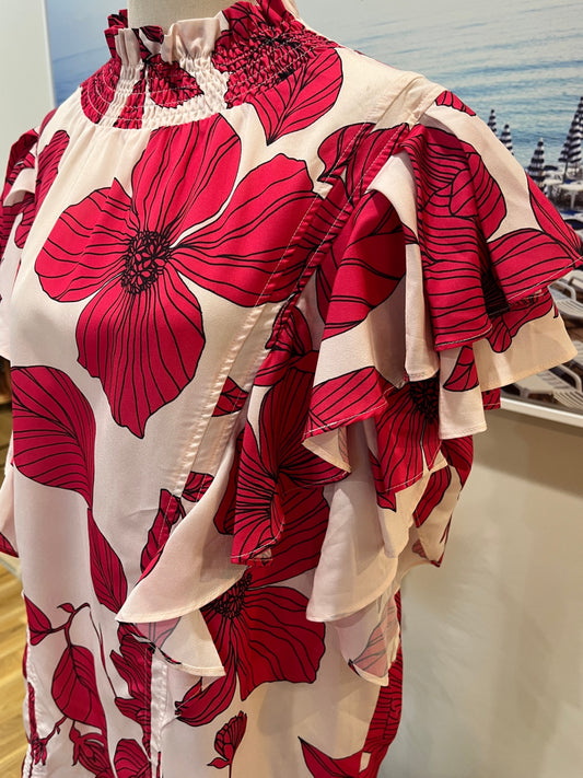 Augustine Top High Neck Short Sleeves White/Pink Floral Size XL