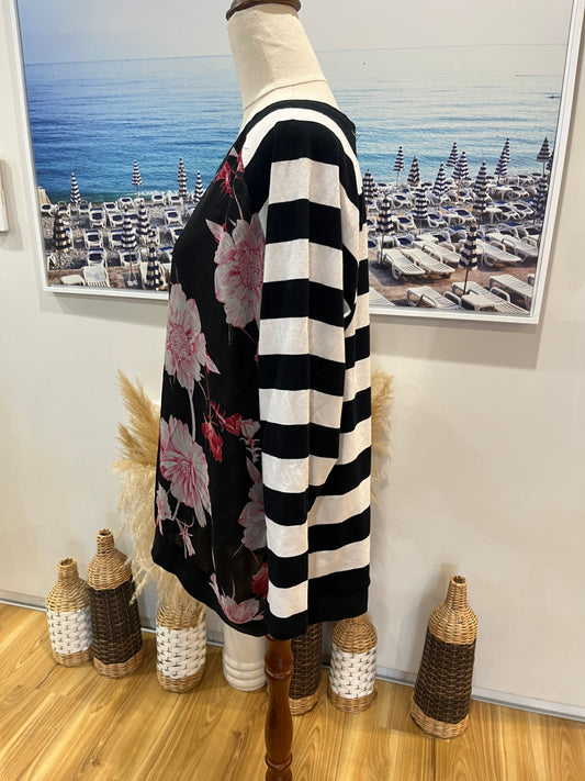 Charlo Top Black Floral with Black and White Sleeves XL